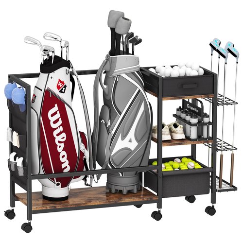 Golf Bag Storage Organizer for Garage, Golf Organizer with Extra Golf Rack and Side Fabric Bag for 20 Golf Clubs & Golf Essentials, Golf Bag Stand for Golf Bag Accessories, Ideal Golf Gifts for Men