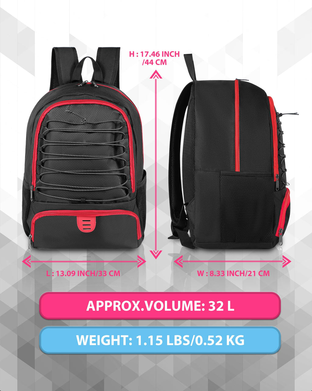 Soccer Ball Bag Backpack for Men Women with Ball & Shoes Compartment 32L Capacity Lightweight Breathable Boys Girls Basketball Bag Backpack Fit Volleyball Football Sports Travel School Gym Red Edge