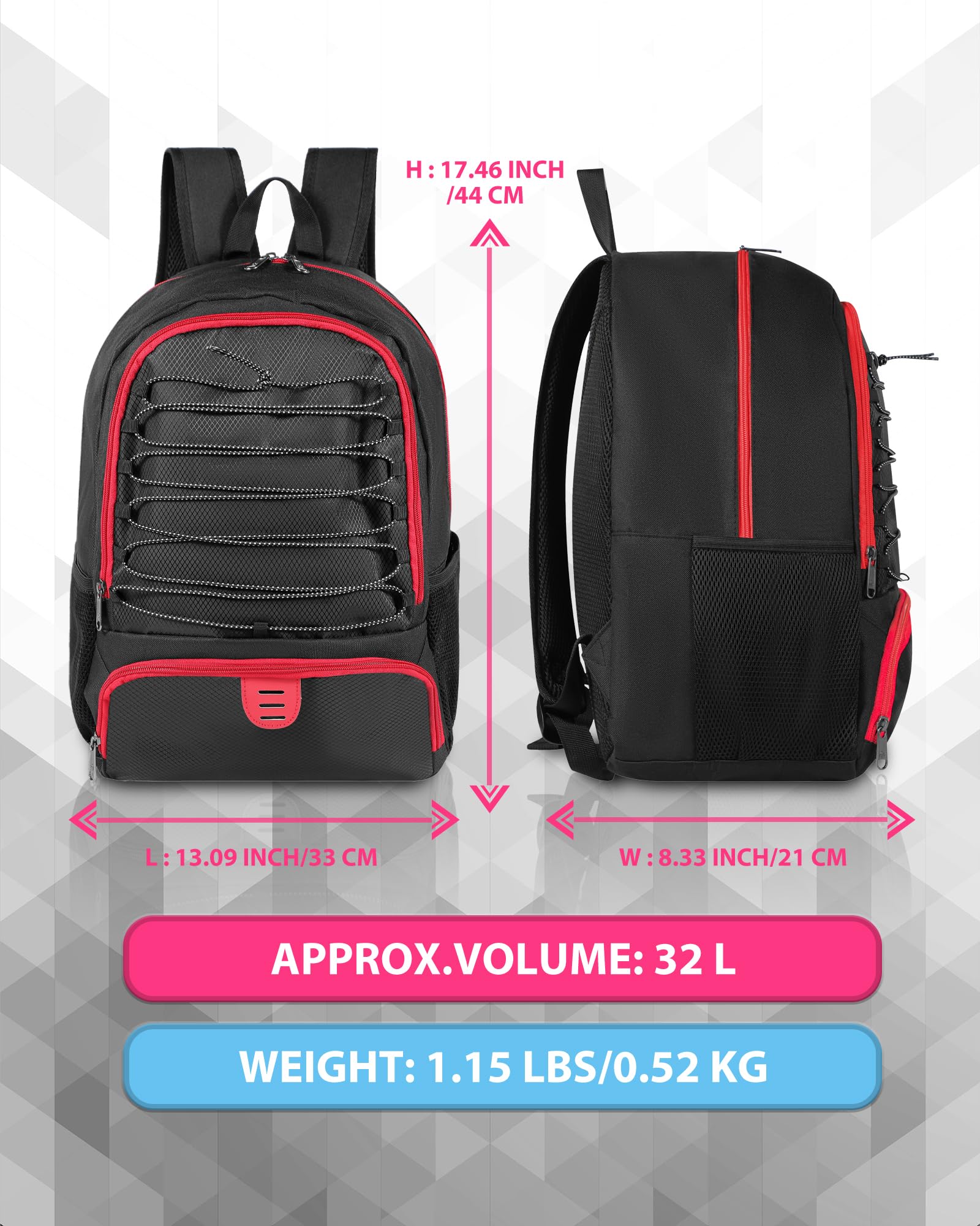 Soccer Ball Bag Backpack for Men Women with Ball & Shoes Compartment 32L Capacity Lightweight Breathable Boys Girls Basketball Bag Backpack Fit Volleyball Football Sports Travel School Gym Red Edge