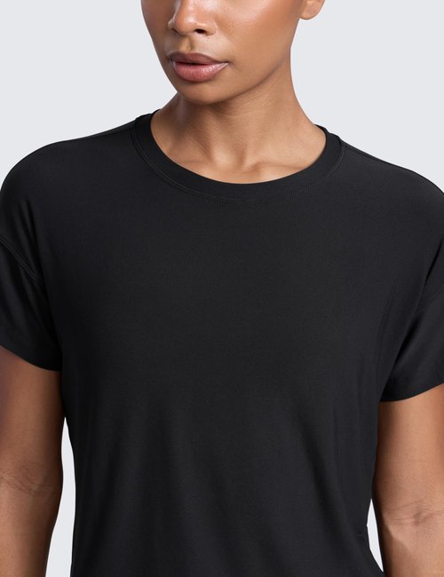 CRZ YOGA Cloudweight High Neck Workout Tops for Women Basic Athletic Lightweight Short Sleeve Shirts Loose Running T-Shirt Black Medium