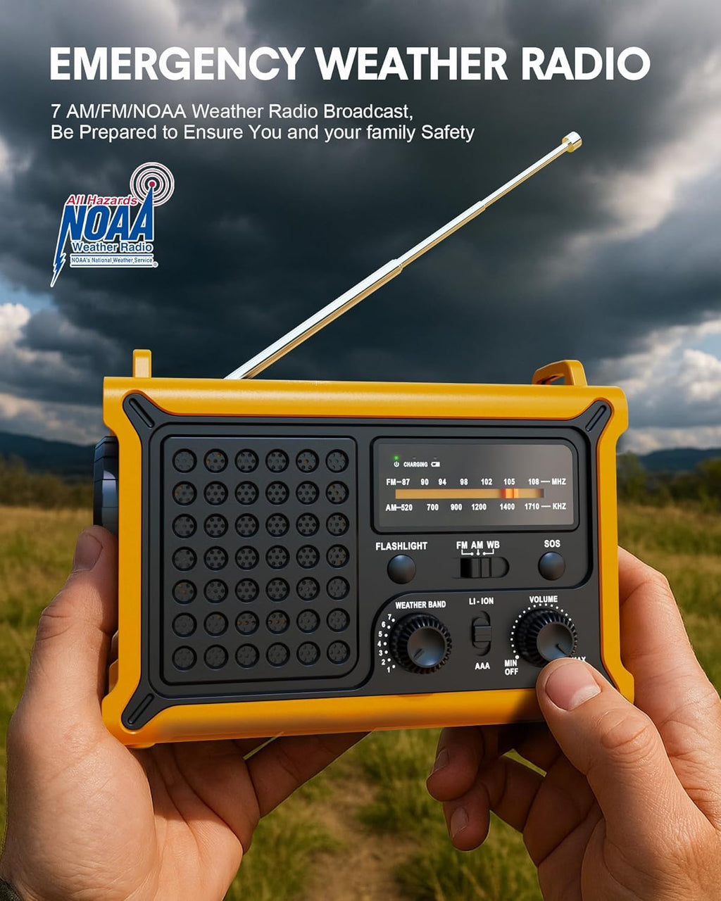 Skiennix Hand Crank Emergency Radio - Solar Powered with 12000mAh Power Bank & NOAA Alerts | LED Flashlight & Reading Lamp for Survival
