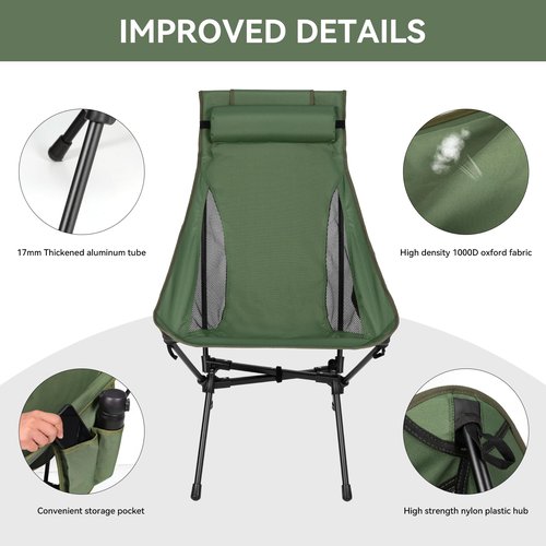diwaite High Back Camping Chair, Supports 440 lbs, Portable Folding Backpacking Chair with Detachable Pillow for Camping, Hiking & Travel(Green)