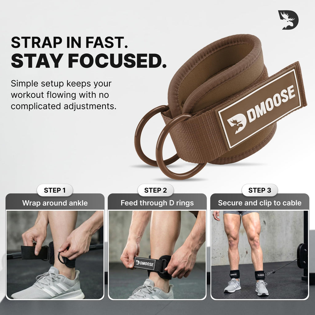 DMoose Fitness Ankle Straps for Cable Machines - One Size Fit Premium Padding, Glute Kickback Ankle Strap for Women & Men, Cable Attachments for Gym, Booty Workouts & Hip Abductors (Cocoa - Single)
