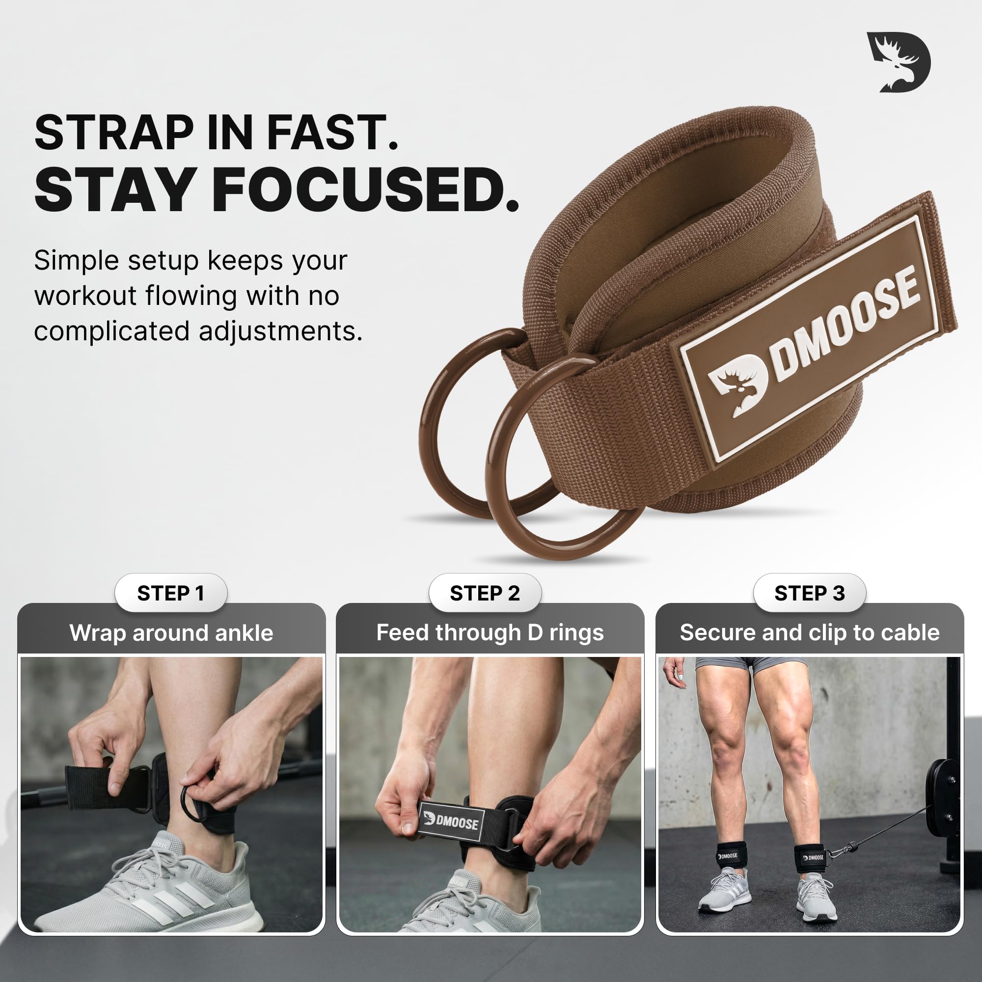 DMoose Fitness Ankle Straps for Cable Machines - One Size Fit Premium Padding, Glute Kickback Ankle Strap for Women & Men, Cable Attachments for Gym, Booty Workouts & Hip Abductors (Cocoa - Single)