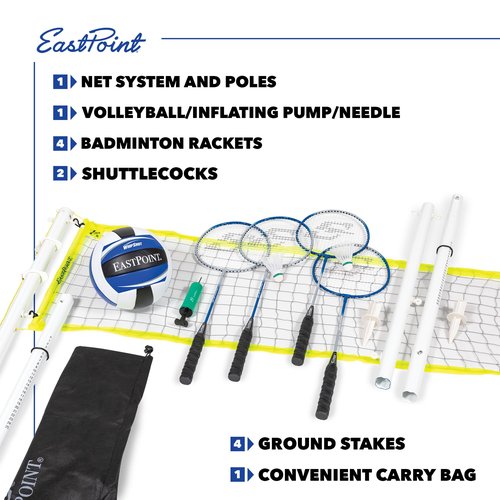 EastPoint 2-in-1 Volleyball & Badminton Set - Black Steel Poles - Adjustable Height for Backyard Games - 4 Rackets & 2 Shuttlecocks for Lawn Games - Volleyball & Pump for Outdoor Sports