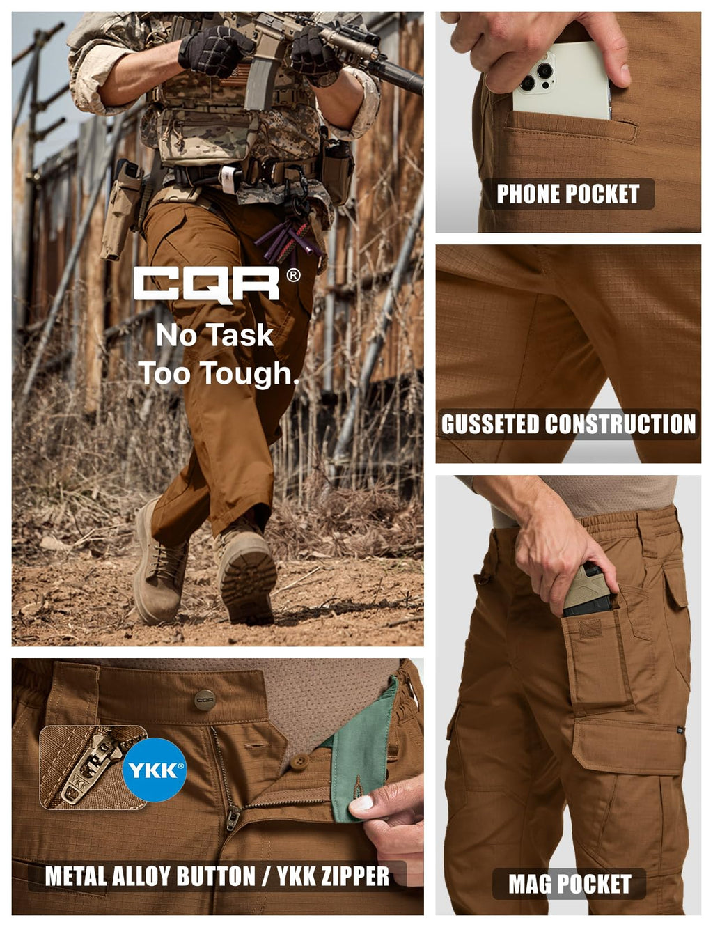 CQR Men's Tactical Pants, Water Resistant Ripstop Cargo Pants, Lightweight EDC Work Hiking Pants, Outdoor Apparel, Duratex Mag Pocket Copper Brown, 28W x 30L