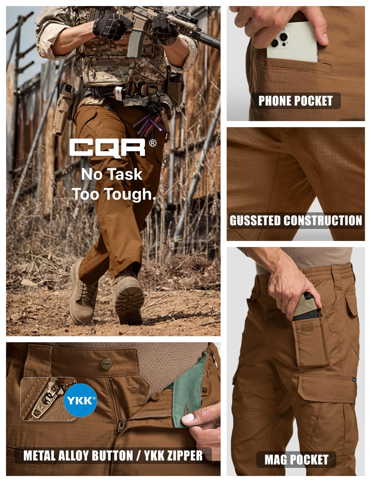 CQR Men's Tactical Pants, Water Resistant Ripstop Cargo Pants, Lightweight EDC Work Hiking Pants, Outdoor Apparel, Duratex Mag Pocket Copper Brown, 28W x 30L