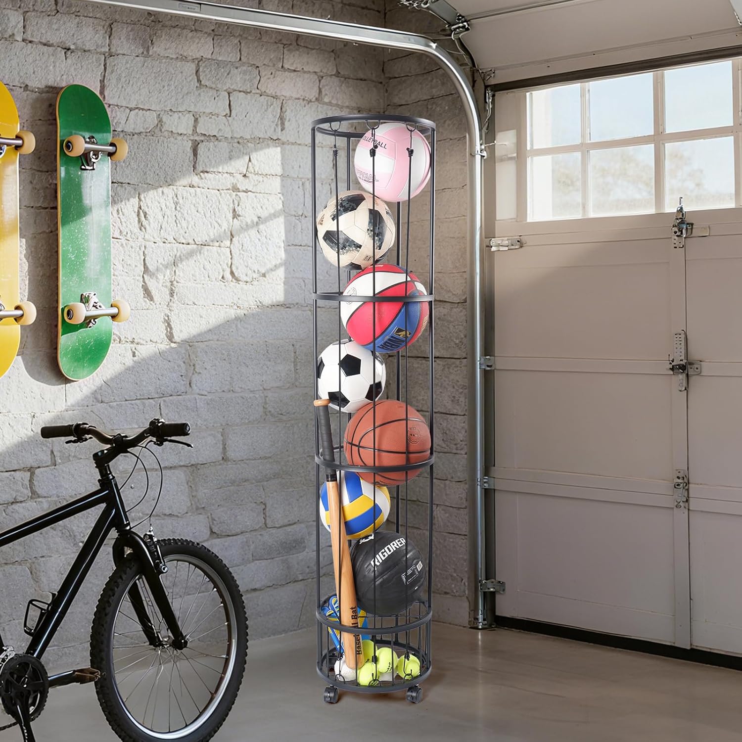 Upgrated Ball Storage Rack - Wall-Mounted Sports Equipment Organizer with Adjustable Cords | Indoor/Outdoor Use