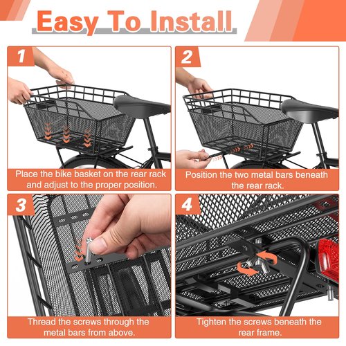 Large Bicycle Basket - Rear Bike Basket with Cargo Net and 2-in-1 Waterproof Cover, Wire Bike Baskets, Large Capacity for Adult Bikes,Electric Bike,Carrying Grocery,Ball,Dog