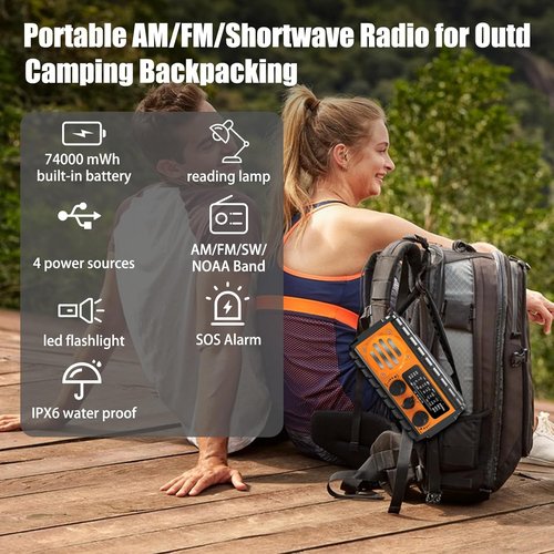 74000mWh Emergency Radio - NOAA Weather, Portable Hand Crank SW/AM/FM Survival Radio with Solar Battery & Flashlight