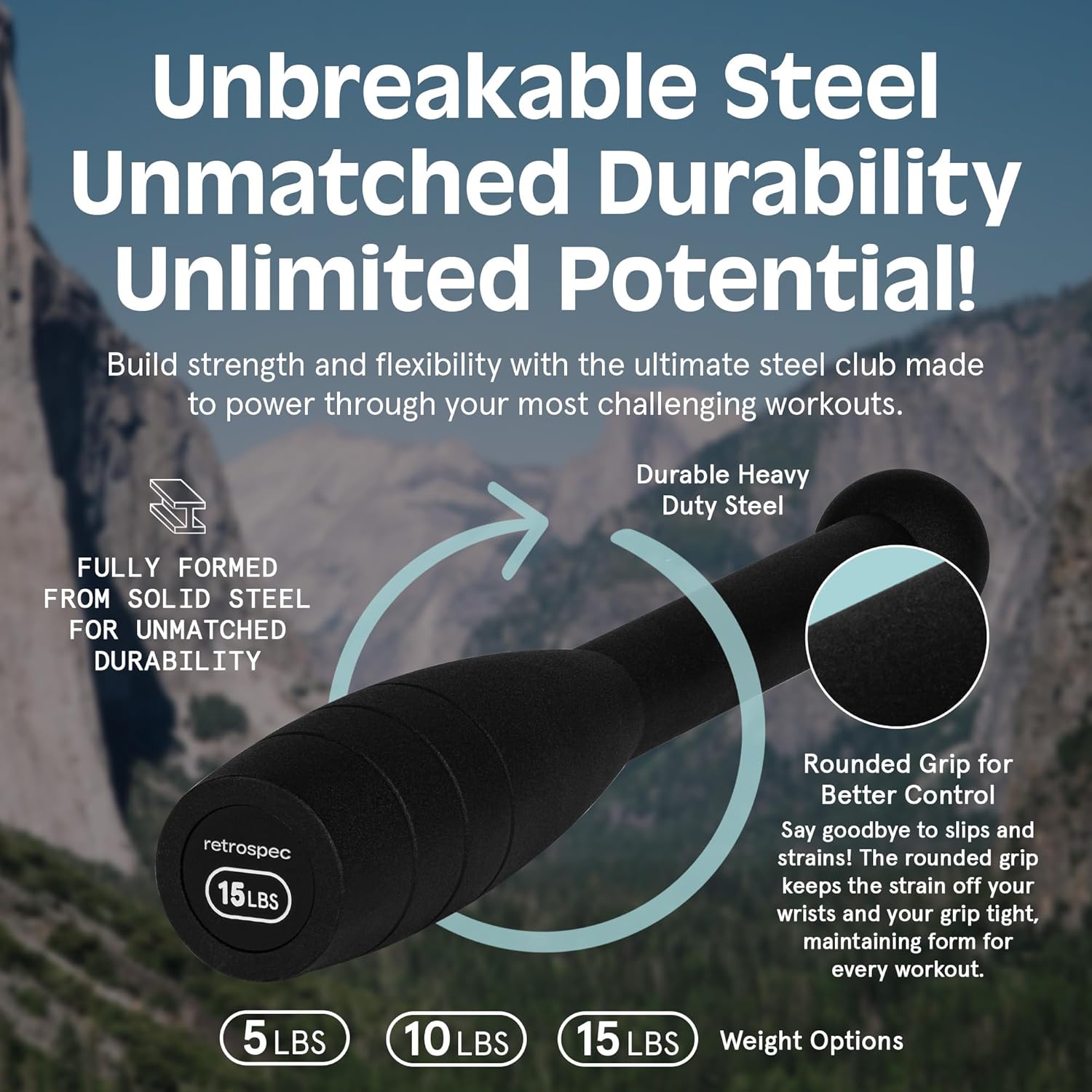Retrospec Grip Steel Club - Versatile Strength Training Tool for Rehabilitation | 5, 10, 15lb Options