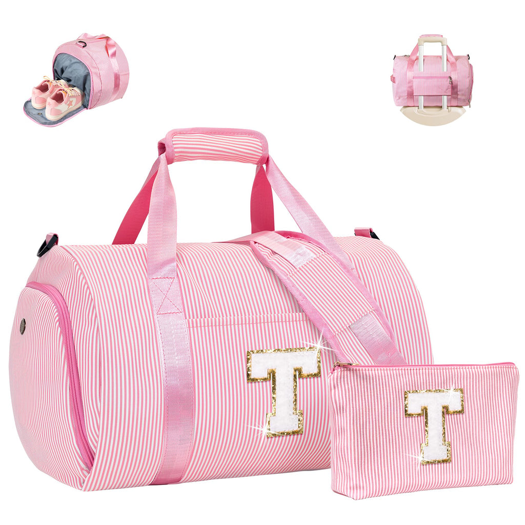 Vogewood Teen Girl Gifts Trendy Stuff, Girls Travel Duffle Bag, Kids Initial Overnight Bags with Shoe Compartment, Personalized Weekender Bag with Makeup Pouch, Gift for 6 Year Old Kid (Letter T)