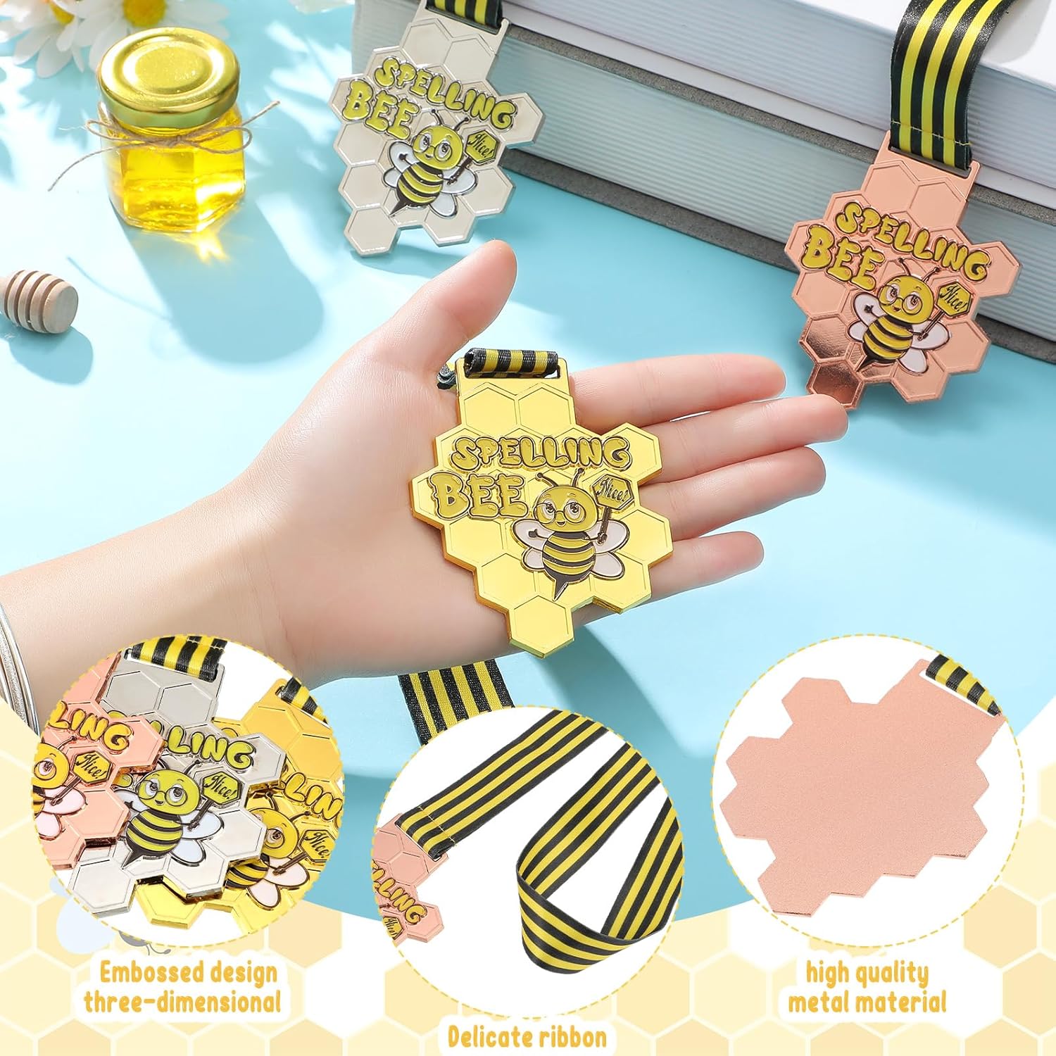 Remuuly Spelling Bee Honeycomb Medals - 1st, 2nd, 3rd Place Awards with Neck Ribbon | 3.2 x 2.8 Inches (Classic)