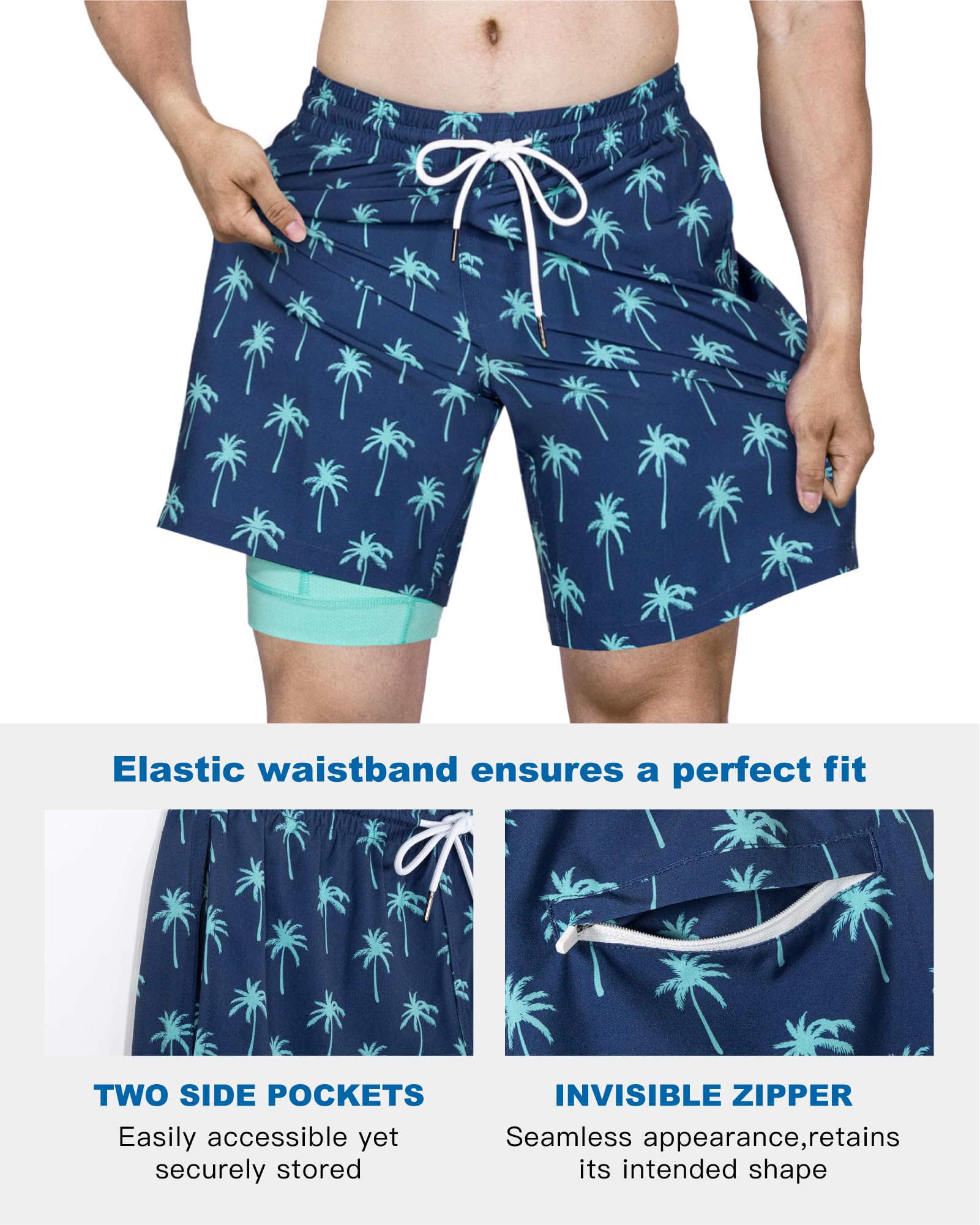 SURF CUZ Mens Swim Trunks with Compression Liner Quick Dry Swim Shorts 7" Swimming Trunks Stretch Bathing Suit Zipper Pockets,Beachside Palms,XS