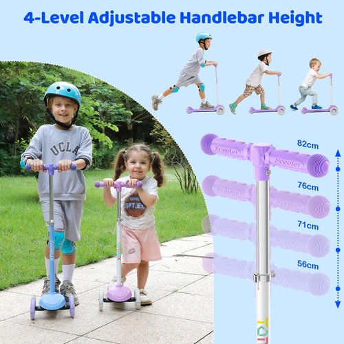 TONBUX Kids Scooter for Ages 3-8, Toddler Scooter with Light-Up Deck and Wheels, Adjustable 4-Level Height 3-Wheel Scooters for Kids, Lean-to-Steer Design (Purple)