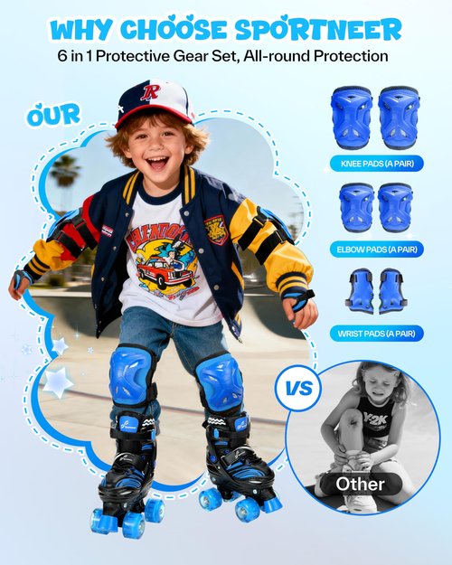 Sportneer Kids Roller Skates, 4 Adjustable Light up Roller Skates for Girls Boys Toddlers Beginners, Skates with Protective Gear Set Gift for Indoor & Outdoor Use