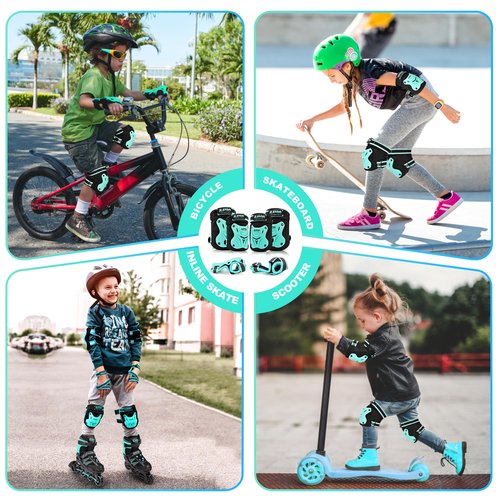 2PM SPORTS Knee Pads for Kids, Wrist Guards Knee and Elbow Pads Set with Drawstring Bag, Protective Gear Set for Girls Boys Roller Skating Cycling Skateboard - Mint Medium