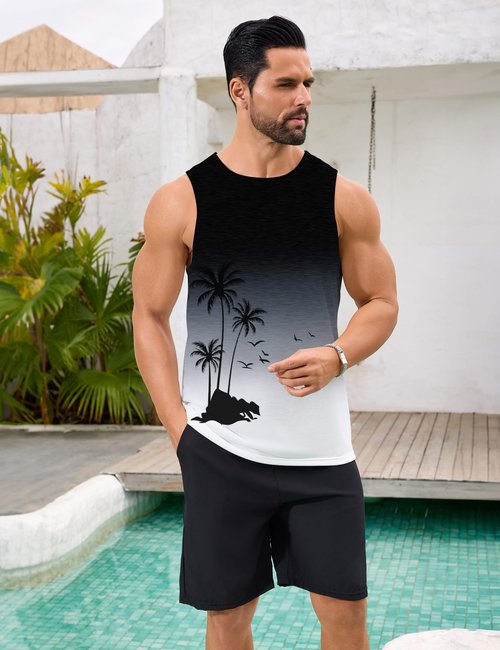 Tanihanp Men Tank Top Graphic Summer Gradient Casual Surfing Beach Tank Top Men Workout Running Swim Gym Mens Palm Tree Sleeveless Shirts XL