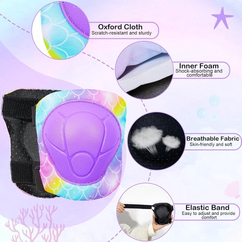 FIODAY Kids Knee Pads - Adjustable Knee, Elbow & Wrist Guards for Roller Skating | Rainbow Mermaid, 3-8 Years