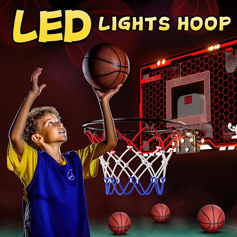 HopeRock LED Indoor Basketball Hoop - Over the Door Mini Hoop with Scoreboard (Variation: LED Lights)