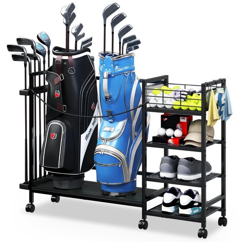 TC-HOMENY Golf Bag Storage Organizer for Garage, Golf Bag Stand with Wheels, Golf Bag Organizer for 2 Golf Bags, Golf Bag Accessories Storage Rack, Extra Golf Clubs Equipment Stand, Golf Bag Holder