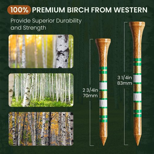 FINGER TEN Golf Tees Wood for Men Wooden Tee 2 3/4 3 1/4 Inch Western Birch Value 100 Pack, Reduce Friction Spin Tall Sturdy Base for Stability Long-Lasting Durability (Brown&Gold&Green, 3 1/4 Inch)