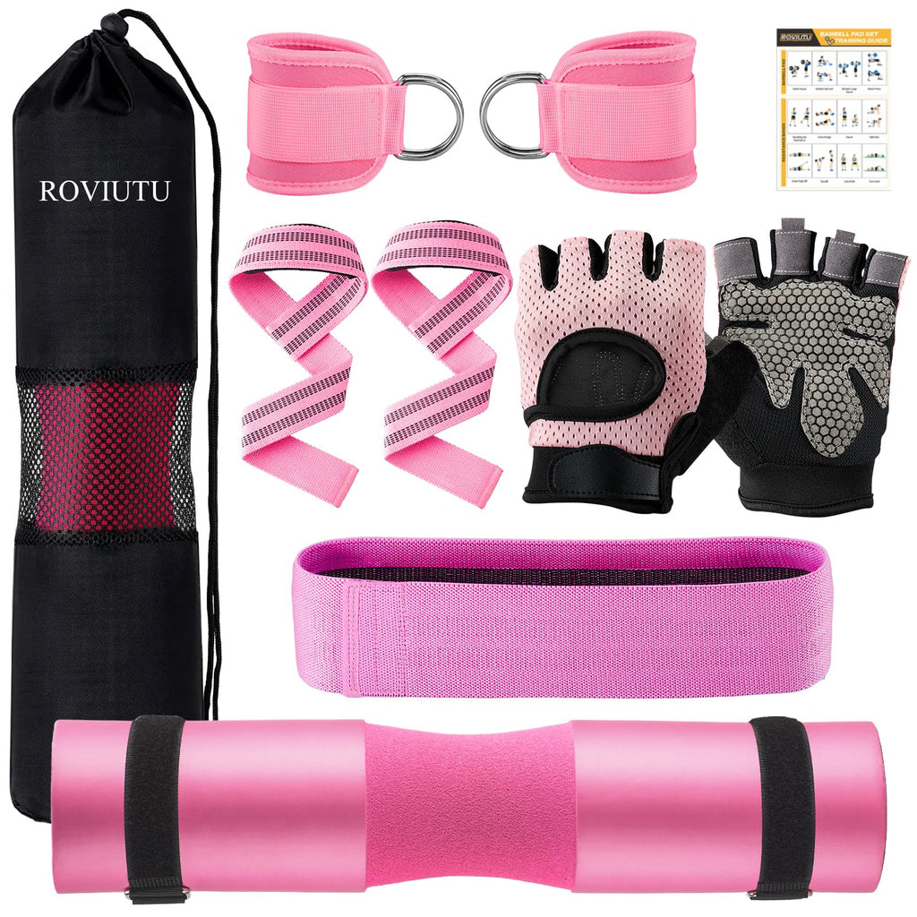 Barbell Pad Set,10 Pcs Barbell pads For Hip Thrust Squat & Lunges Support,With 2 Workout Ankle Straps, 2 Workout Gloves, 2 Gym Straps Weight Lifting, Resistance Bands,Olympic Bar Pad,Carry Bag (Pink, Medium-Gloves)