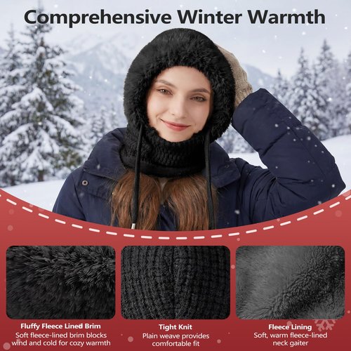 PolaZIA 3 in 1 Beanie Hat with Scarf and Mask, 3-in-1 Beanie Hat for Women, Windproof Scarf Hat, Womens Winter Hat, Knitted Ski Scarf and Face Mask, Wind Resistant Hooded Scarf, Winter Face Mask-A