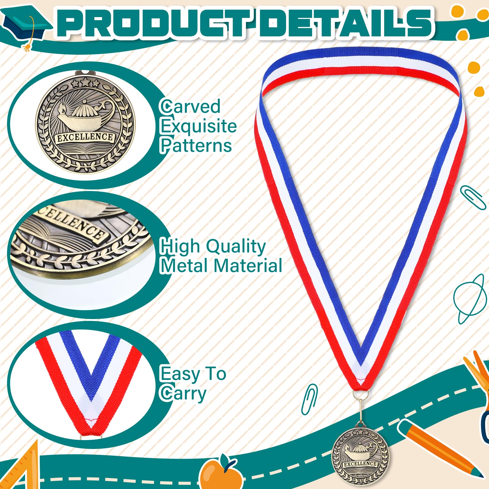 Quelay 100 Pcs 2'' Award Medals Bulk Gold Winner Medals with Neck Ribbons Metal Trophy Award Prize Gift for Tournaments, Competitions, Party, Kids and Adults (Excellence)