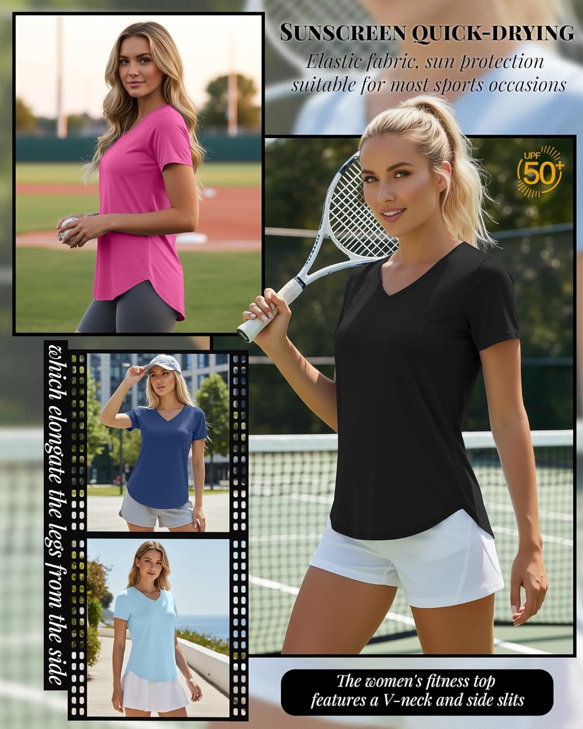 Oakgarden Women's Workout Tops - Quick Dry UPF 50+ V Neck Gym Shirts | 4 Pack, Lightweight with Side Slits