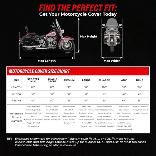 Badass Moto Motorcycle Cover - Waterproof Heavy-Duty All-Season Protection for Harley & Cruiser Bikes | Large 97L
