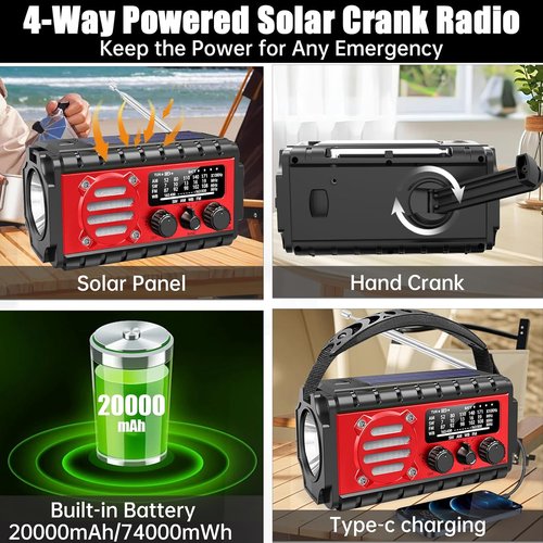 20000mAh Emergency Radio - Solar Powered NOAA/AM/FM Weather Radio with Hand Crank & Flashlight