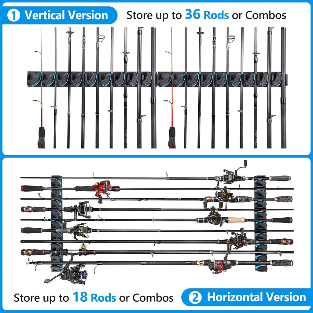 PLUSINNO Fishing Rod Rack - Wall Mounted Holder for Up to 36 Rods | 4-Pack Fishing Gear Storage