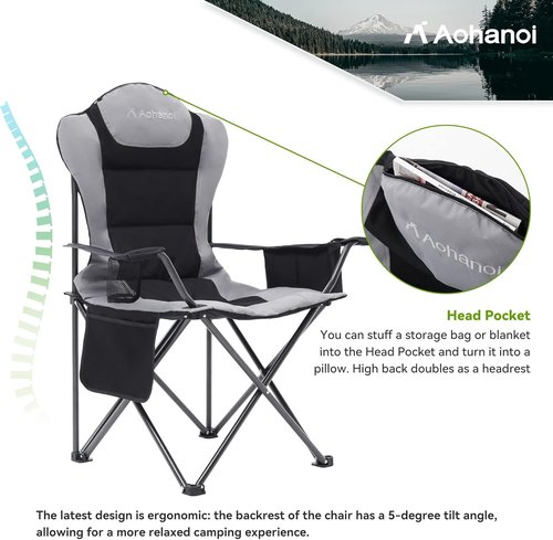 Aohanoi Camp Chairs for Heavy People - Outdoor Folding Chairs with Cup Holder & Cooler Bag | Supports Up to 300lbs (2 Pack, Black)
