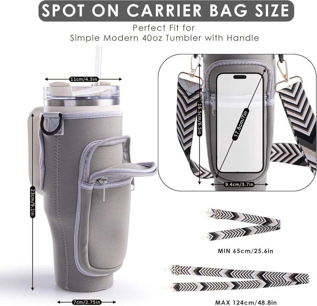 Viva Terry Water Bottle Carrier Bag - Modern 40oz & 30oz Tumbler Holder with Strap & Phone Pocket