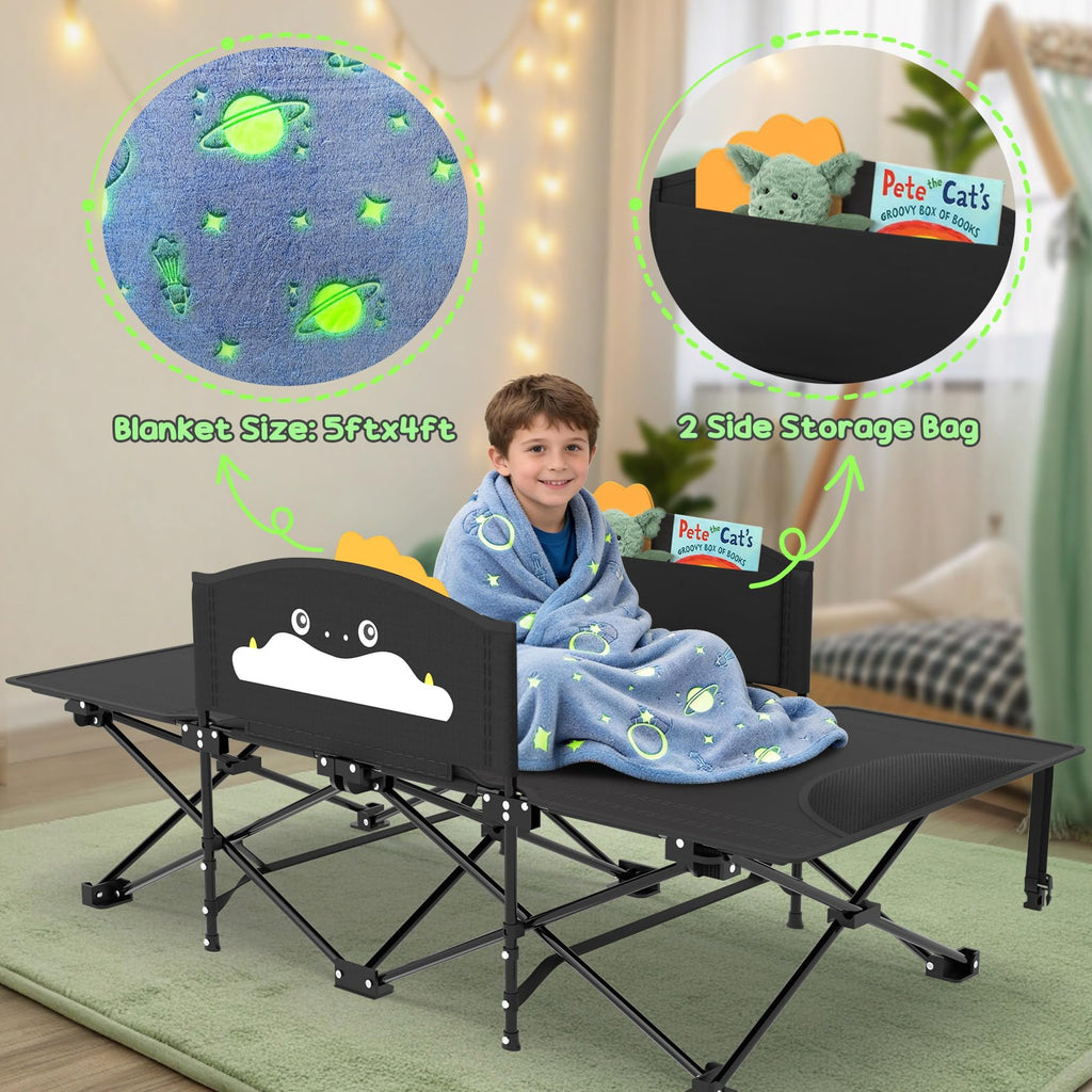 Slendor Toddle Cot, Toddler Portable Bed w/Cartoon Handrail, Blanket (5ft x 4ft), Folding Toddler Cots for Camping, Travel Bed, Extra Long Cot Length 56", Support 330 Lbs, Black