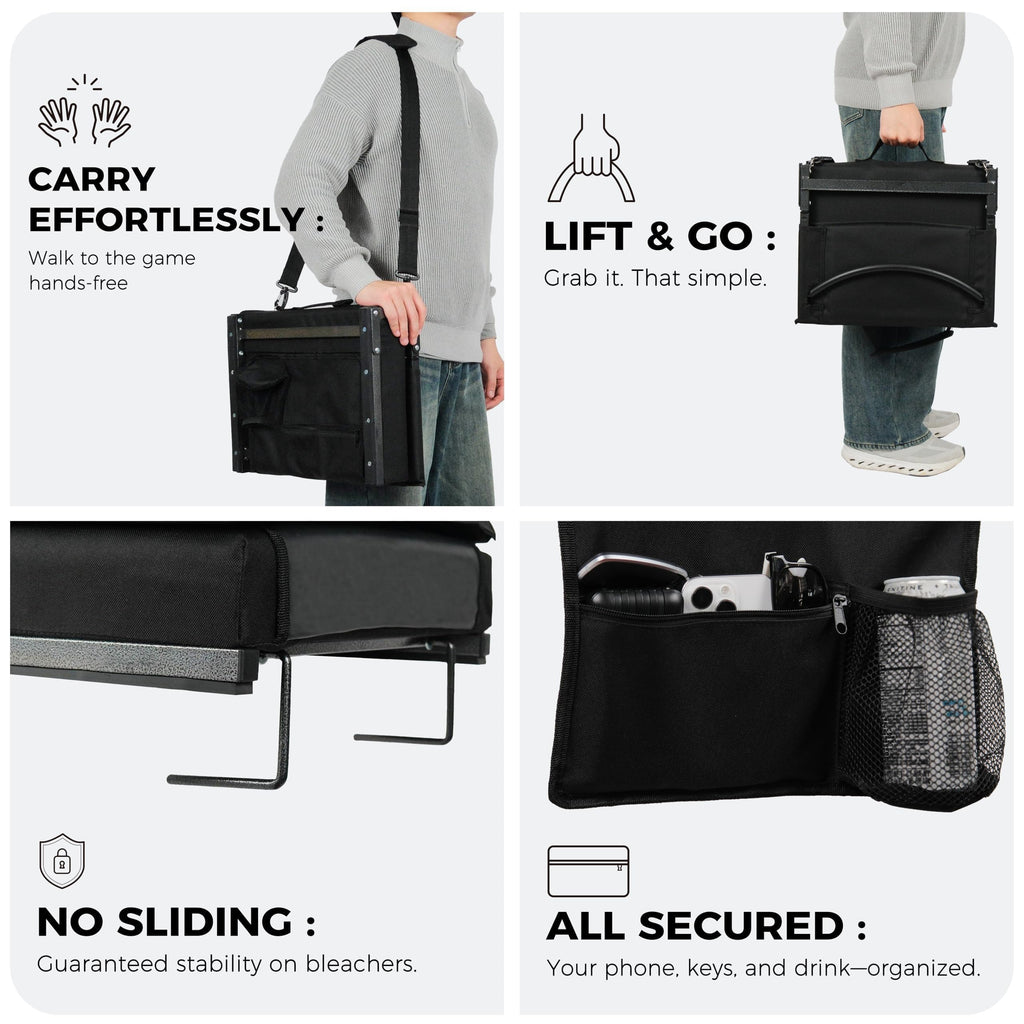 Stadium Seats with High Back Support Bleacher Chairs with 18.5in Adjustable Back and Wide Thick 3in Foam Cushion Portable Folding Bleacher Chair Includes Shoulder Strap and Cup Holderr Black 2 pcs