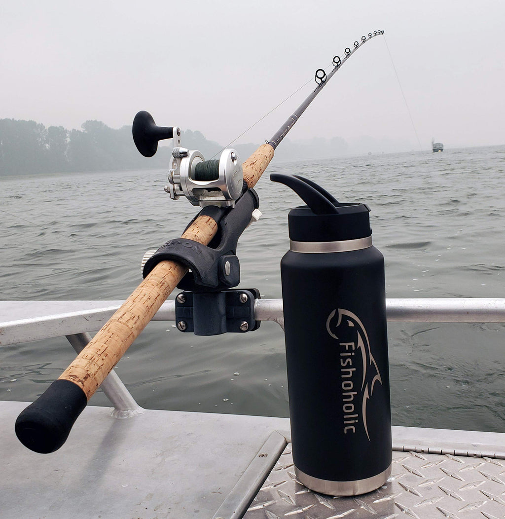 Fishoholic Fishing Mug Keg Bottle Tumbler - Double Wall Stainless Steel Vacuum Insulated - Fishing Gift for Men (Black, 36oz)