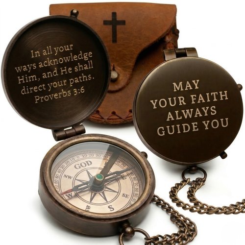 Baptism Gifts for Boys – Confirmation & First Communion Compass Gift – Catholic Christian Brass Pocket Compass with Scripture – Religious Keepsake for Christening – Gift for Godson, Son, or Grandson