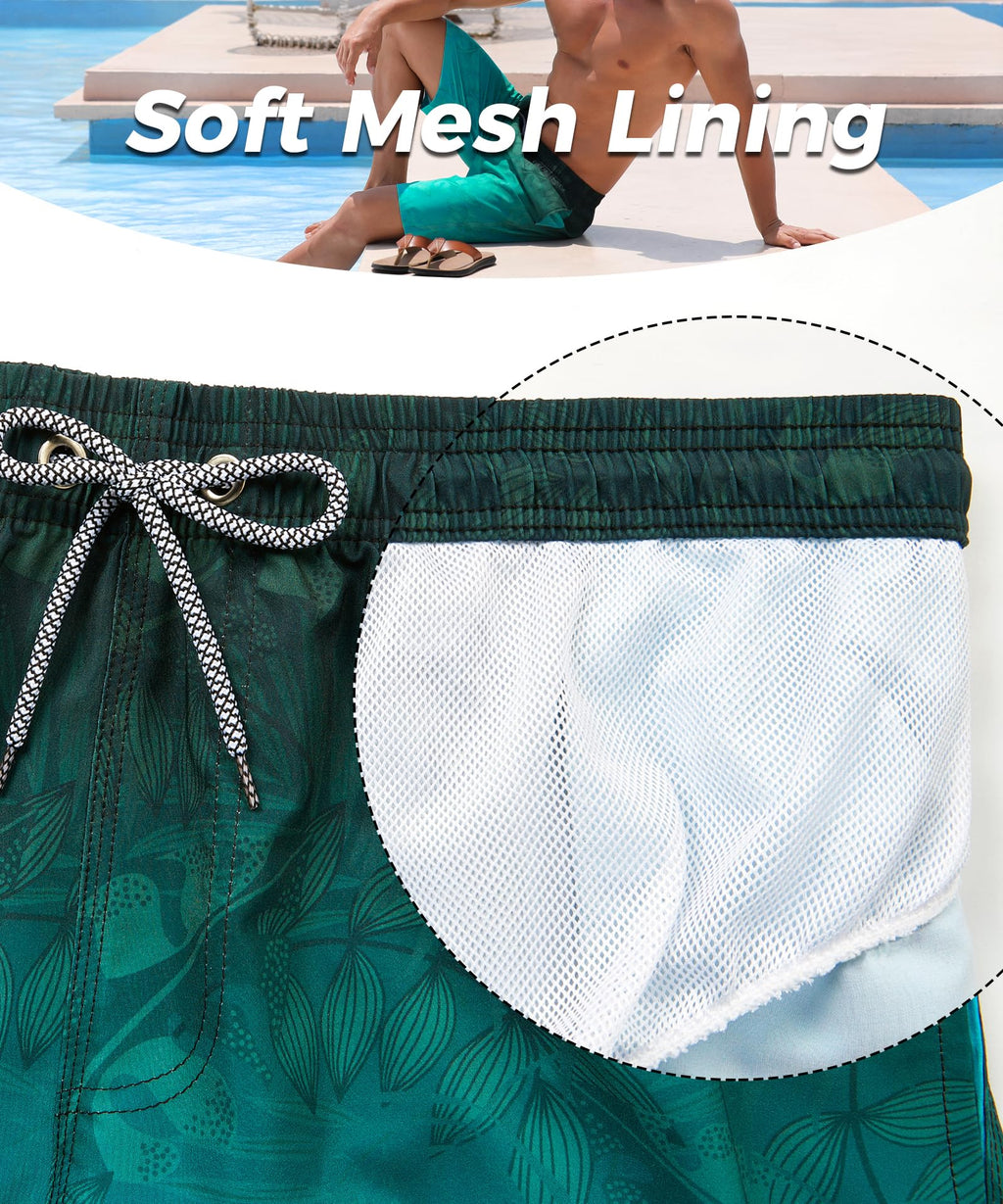 ELETOP Men's Swim Trunks Quick Dry Bathing Suit Swimming Board Shorts Mesh Lining Beach Swimwear Leaf Gradient Green XL