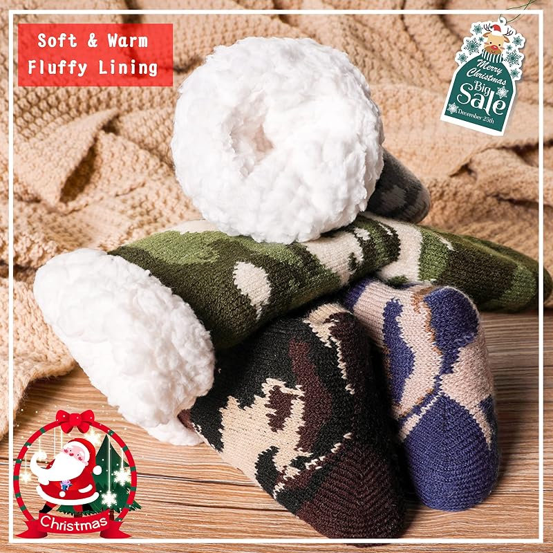 Green Camouflage DoSmart Kids Fuzzy Slipper Socks – Warm Plush Indoor Winter Stockings (8-12 Years)