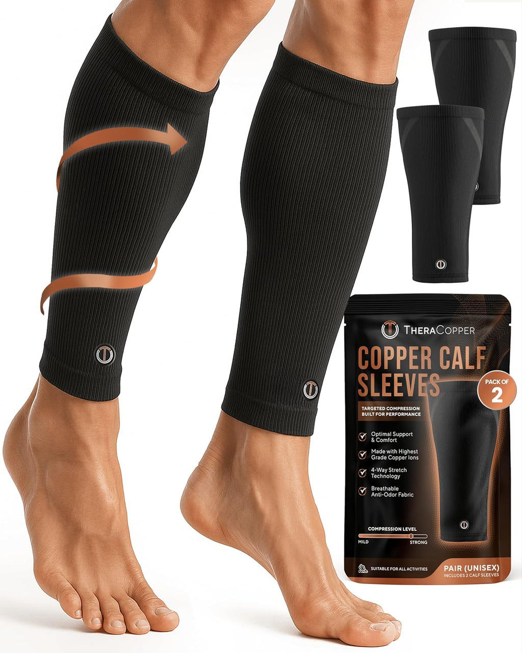 TheraCopper Copper Calf Compression Sleeve - Premium Breathable Shin Sleeve for Men & Women | Non-Slip Design for Muscle Recovery & Leg Fatigue