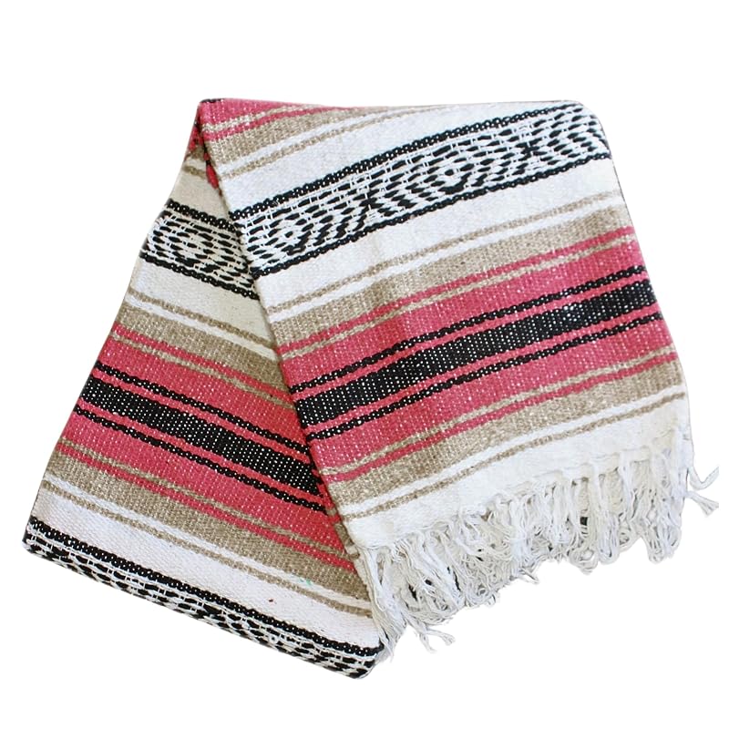 Del Mex Pink/Tan Falsa Blanket 70 x 50 inches - Handmade Mexican Throw