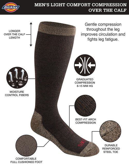 Dickies Men's Light Compression Comfort Over-The-Calf Socks, Available in M-XXL (2, 4 Pairs), Brown Marl (2 Pairs), Large