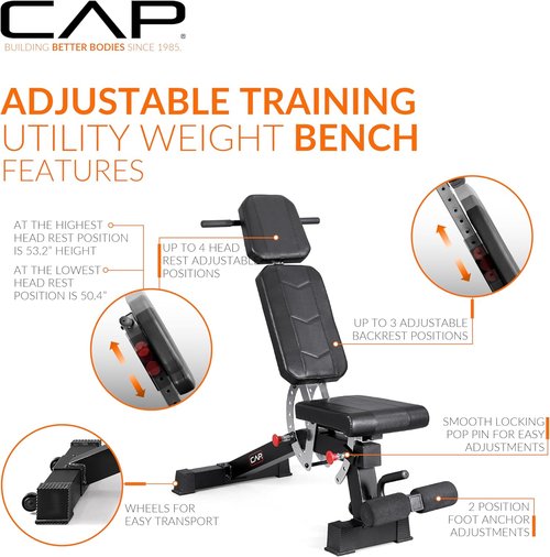 CAP Barbell Adjustable Weight Bench - Multi-Position Incline with 6 Backrest Adjustments & 600 LB Capacity | Home Gym Essential