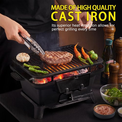 Hibachi Grill Outdoor, Portable Small Charcoal Grills, 100% Cast Iron, Mini Japanese Yakitori Tabletop Skillet Grill Stove for Outdoor Camping - Coal Door, Draft Door, Ideal for 2 People