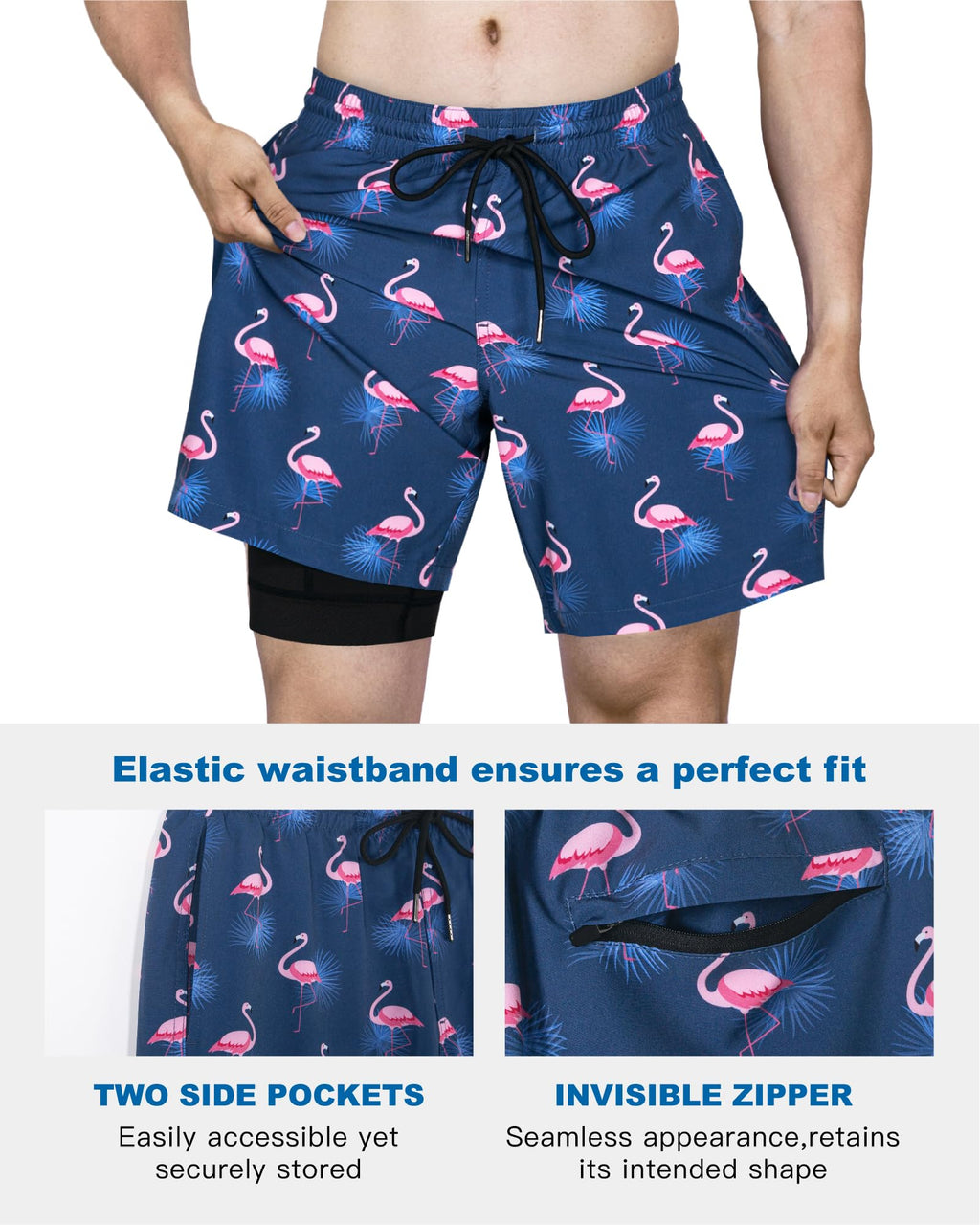 SURF CUZ Mens Swim Trunks with Compression Liner Quick Dry Swim Shorts 7" Swimming Trunks Stretch Zipper Pockets,Sunny Flamingos,L