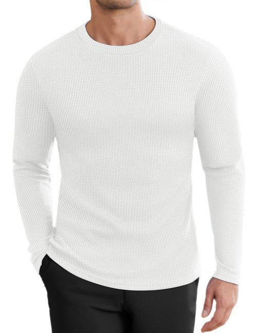 Ekouaer Men's Long Sleeve Shirts Honeycomb Waffle Pullover Sweater Crewneck Thermal Tops Lightweight Undershirts White L