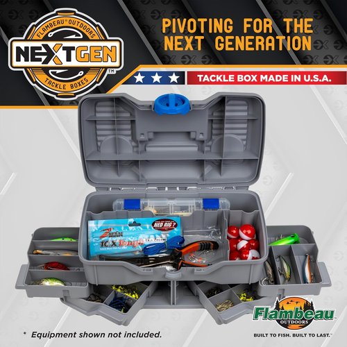 Flambeau Outdoors Fishing Tackle Box - 4 Pivot Trays, 23 Compartments, 25-Piece Kit | Light Gray