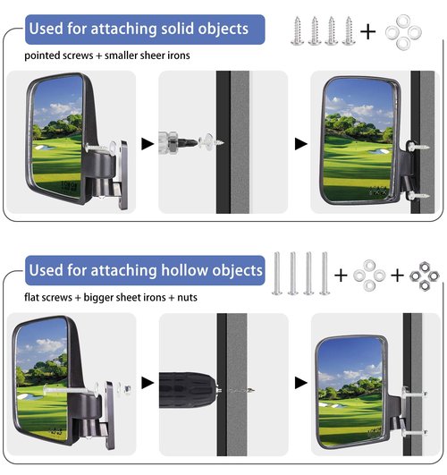 Universal Golf Cart Wide Angle Convex Rear View & Folding Side Mirror Kit, Compatible with Club Car, EZGO, Yamaha Models